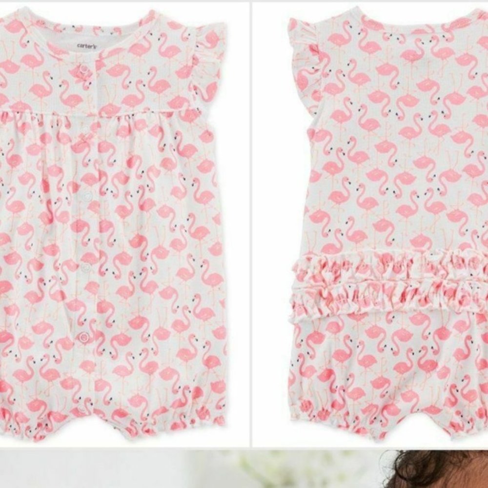 Carter's Flamingo Neon Pink & White Ruffle Romper Sun Suit Size 9 Month …New